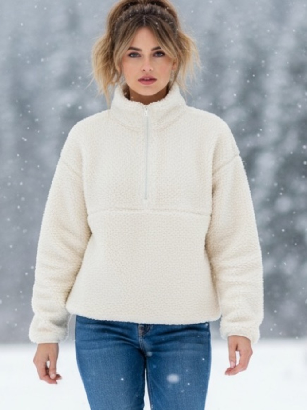 Sincerely Jules Holly Half Zip Off-White Sherpa Crop Sweatshirt Jacket 2X